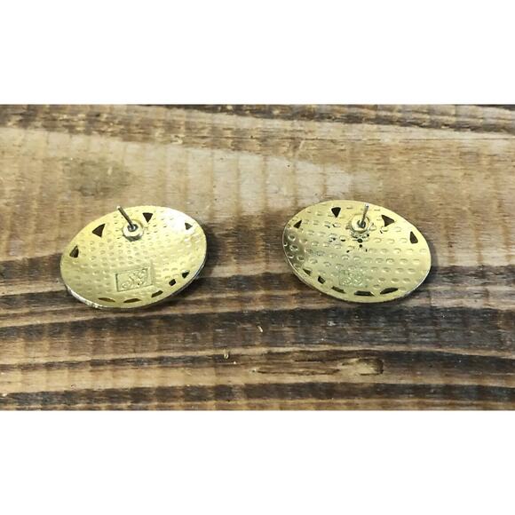 Vintage Signed SG Cloisonne Tropical Flower Botanical Earrings Enamel Gold Tone - Picture 4 of 5